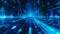 Futuristic digital technology landscape with glowing blue grid lines and data streams creating an immersive cyber environment.