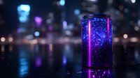 Glowing jar with magical purple and blue sparkles on dark reflective surface against blurred bokeh lights background creates mystical atmosphere.