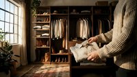 Organized walk-in closet with wooden shelving system displaying clothes, shoes and accessories. Person in beige sweater holding folded garments.