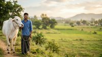 Young male farmer of South Asian ethnicity standing with white cow in rural agricultural field during daytime, suitable for farming, agriculture, and livestock industry content.