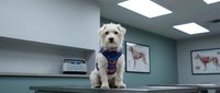 White terrier dog sitting on examination table in veterinary clinic with medical equipment and anatomical charts visible in background.