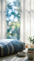 Cozy home interior with meditation cushion, incense, tea bowl and plant by sunny window with bokeh nature view creating peaceful mindfulness space.