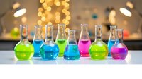 Laboratory glassware with colorful chemical solutions in beakers and flasks for scientific research and experimentation in modern lab setting.