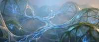 Glowing blue energy veins pulse through translucent organic alien structures in a misty sci-fi environment, evoking bioluminescent life forms.