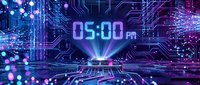 Digital clock displaying 5:00 PM on futuristic circuit board background with neon blue and purple lights creating high-tech atmosphere for technology concepts.