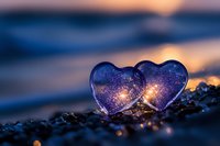 Two glass hearts on beach pebbles at sunset with warm golden light and ocean waves in blurred background creating romantic atmosphere for love concepts.