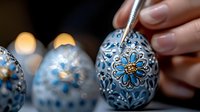 Decorative Easter egg painting process with blue floral folk art pattern on white eggshell. Close up view of delicate ornamental design and artist's hand.