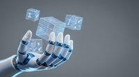 Robotic hand with glowing digital data cubes floating above palm showcasing artificial intelligence and futuristic technology concepts for automation.