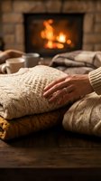 Woman's hand resting on folded knit sweaters by fireplace with warm beverage and blankets, cozy home interior setting for winter relaxation and comfort themes.