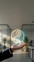 Businessman hand holding glowing yin yang symbol in modern office space representing balance, harmony and holistic business approach in corporate environment.
