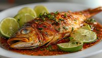 Grilled whole fish with herbs and lime slices on white plate, seasoned with spices and garnished with fresh cilantro for gourmet seafood dining experience.