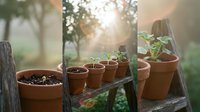 Row of terracotta pots with young seedlings on wooden shelf in warm sunlight, perfect for gardening and plant cultivation projects.