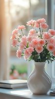 Delicate pink carnations in white ceramic vase on windowsill with soft natural lighting, creating serene morning atmosphere for home decor and floral design.