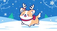 Cute cartoon corgi dog wearing reindeer antlers and red bow in snowy winter landscape with festive blue background.