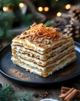 Layered carrot cake with cream cheese filling and orange zest garnish on dark plate, decorated with fresh dill and cinnamon sticks against blurred Christmas lights.