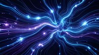Abstract blue and purple energy waves flowing with bright glowing particles and light streaks creating dynamic motion effect on dark background.