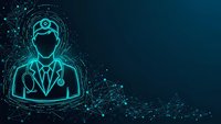 Digital healthcare professional with stethoscope in glowing cyan wireframe style on dark blue background with connected network particles for medical technology concepts.
