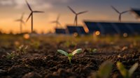 Green seedling sprouting from rich soil with wind turbines and solar panels in background at golden hour sunset representing renewable energy growth.