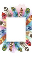 Colorful feathers arranged in a circular frame around white space with watercolor background, isolated and ready for design use on cards, invitations, posters, and merchandise.