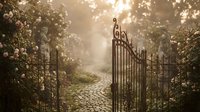 Ornate wrought iron gate opens to cobblestone path through enchanted garden with blooming roses and golden sunlight filtering through misty atmosphere.