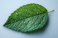 Fresh green leaf with water droplets and detailed veins on light background, macro photography showing nature's texture and patterns. For environmental concepts.