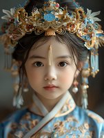 Young Asian girl wearing traditional ornate gold and blue phoenix crown with tassels and elaborate hanfu dress, captured in soft natural lighting with gentle expression.