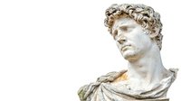 Classical marble sculpture head and shoulders against white background, featuring detailed curly hair and draped toga, showcasing Renaissance art and ancient Roman craftsmanship.