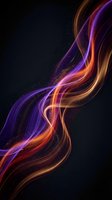 Abstract flowing energy waves in vibrant purple orange and gold colors on dark background with glowing particles and smooth curved lines.