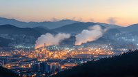 Industrial cityscape at dusk with illuminated factory complex, steam emissions and mountain silhouettes creating atmospheric urban landscape in evening light.