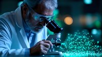 Senior male scientist in lab coat and safety glasses examining glowing green molecular structure through microscope in dark laboratory setting with bokeh lights.
