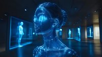 Futuristic holographic female figure glowing in blue light with digital particle effects, surrounded by multiple hologram displays in dark modern space. For tech concepts.