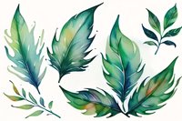 Watercolor green tropical leaves with blue undertones on white background, botanical illustration for nature-inspired designs and patterns.