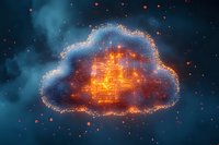 Glowing digital cloud with circuit pattern and particle effects floating in dark blue atmosphere, representing cloud computing and data storage technology.