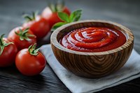 Fresh red tomato sauce swirled in wooden bowl with ripe cherry tomatoes on dark rustic table, close up view on natural linen napkin.