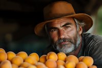 Mature bearded farmer with brown hat smiling near fresh oranges at local market, authentic agricultural portrait showing pride in organic harvest and farming lifestyle.