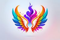 Vibrant rainbow-colored phoenix wings with flowing flame-like feathers spread symmetrically against light background, featuring gradient colors from purple to orange and blue.