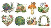 Snails with mushroom, flowers, and foliage elements in watercolor style. Isolated botanical illustrations suitable for clipart, textile design, and decorative applications.