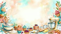 Watercolor baking frame with cupcakes, mixer, utensils and ingredients on pastel background. Kitchen border design for recipes, cooking blogs and culinary projects.