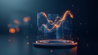 Glowing orange data visualization chart floating above circular platform with light particles in dark blue atmosphere. Digital analytics concept.
