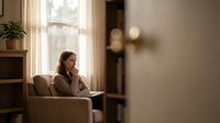 Young woman relaxing in cozy armchair by window with warm natural light in modern living room interior for home comfort and lifestyle concepts.