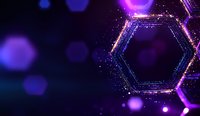 Glowing hexagonal frame with sparkles and light effects on purple background with bokeh. Abstract technological or scientific concept for presentations.