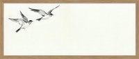 Minimalist flying birds silhouettes in wooden frame on white background for modern home decor and wall art applications.