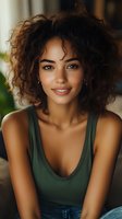 Young woman with curly dark hair and warm brown eyes wearing a green tank top, smiling at camera in natural indoor lighting for portrait and lifestyle use.