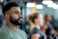Young African American man with beard in green t-shirt focused during workout at modern fitness center, with blurred people exercising in background.