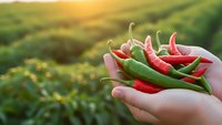 Fresh red and green chili peppers held in cupped hands against blurred agricultural field background with warm sunlight for cooking and spice concepts.
