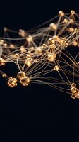 Golden network connections with glowing nodes and flowing lines on dark background representing digital communication, data transfer and technology concepts.