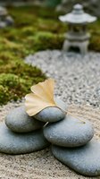 Golden ginkgo leaf resting on smooth zen stones in peaceful Japanese garden with traditional stone lantern creating serene meditation atmosphere.