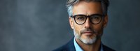 Confident mature businessman with gray hair and stylish glasses wearing navy blazer against dark background, modern professional portrait.