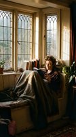 Young woman reading book in cozy window seat with gothic windows, warm sunlight, blanket, peaceful morning atmosphere for lifestyle content.
