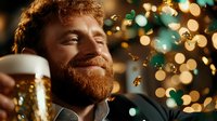 Cheerful redhead bearded man enjoying fresh draft beer at pub with festive bokeh lights background, expressing genuine happiness and satisfaction.